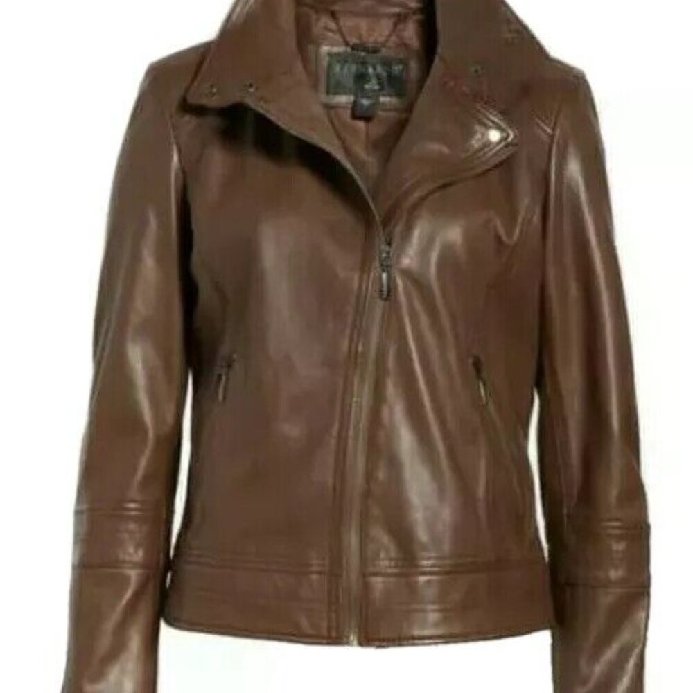 BERNARDO Leather Moto Jacket Saddle Brown XS
